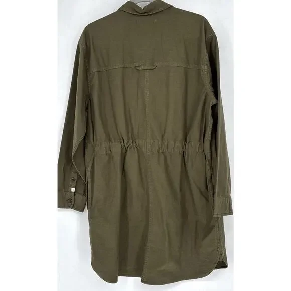 NWT Outerknown Sz L 100% Org Ctn Olive Cinched Adj Waist Btn Plts LS Shirt Dress - Picture 5 of 13